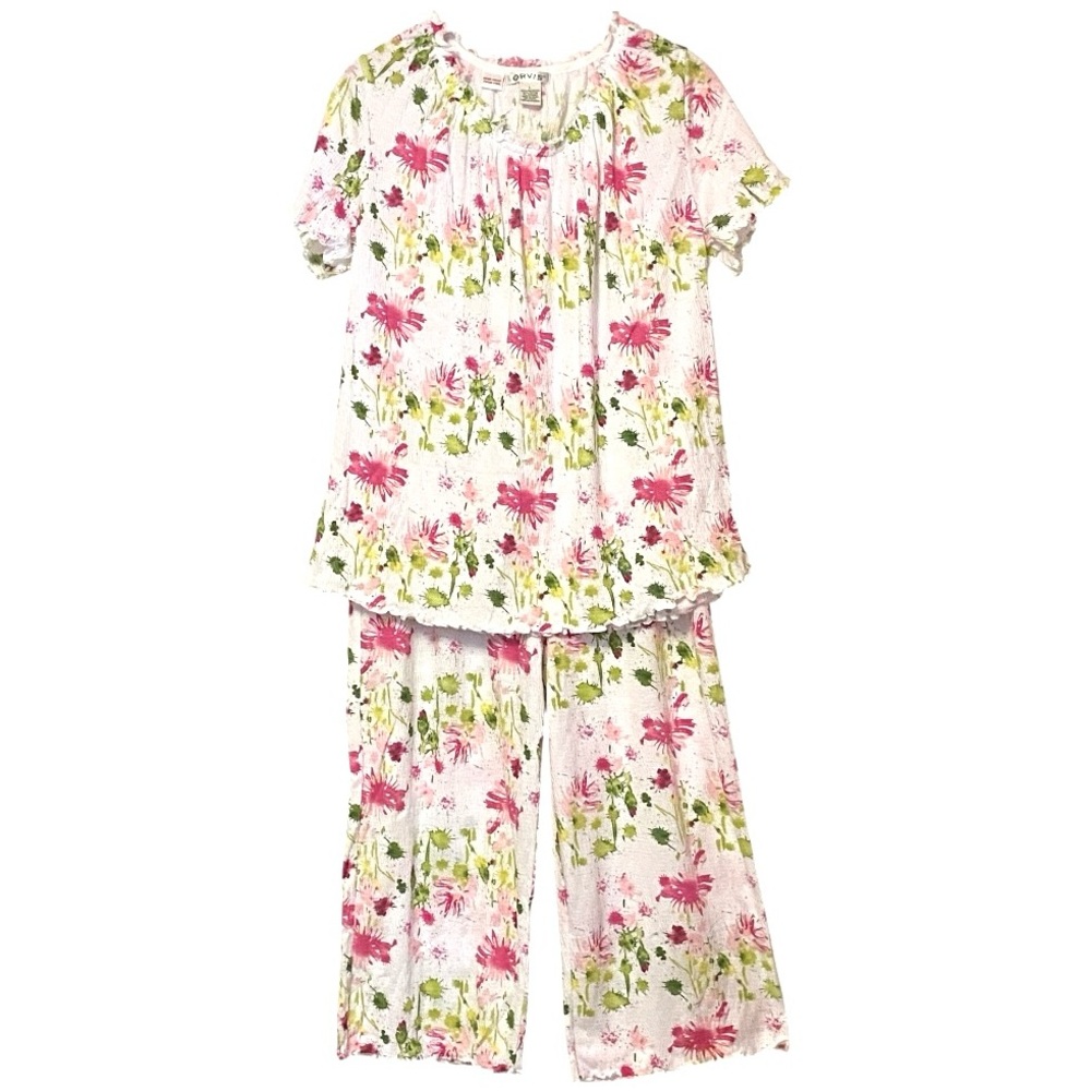 Orvis Floral Pajama Set Lightweight Crinkle Cotton Blend Cottagecore Lounge Set